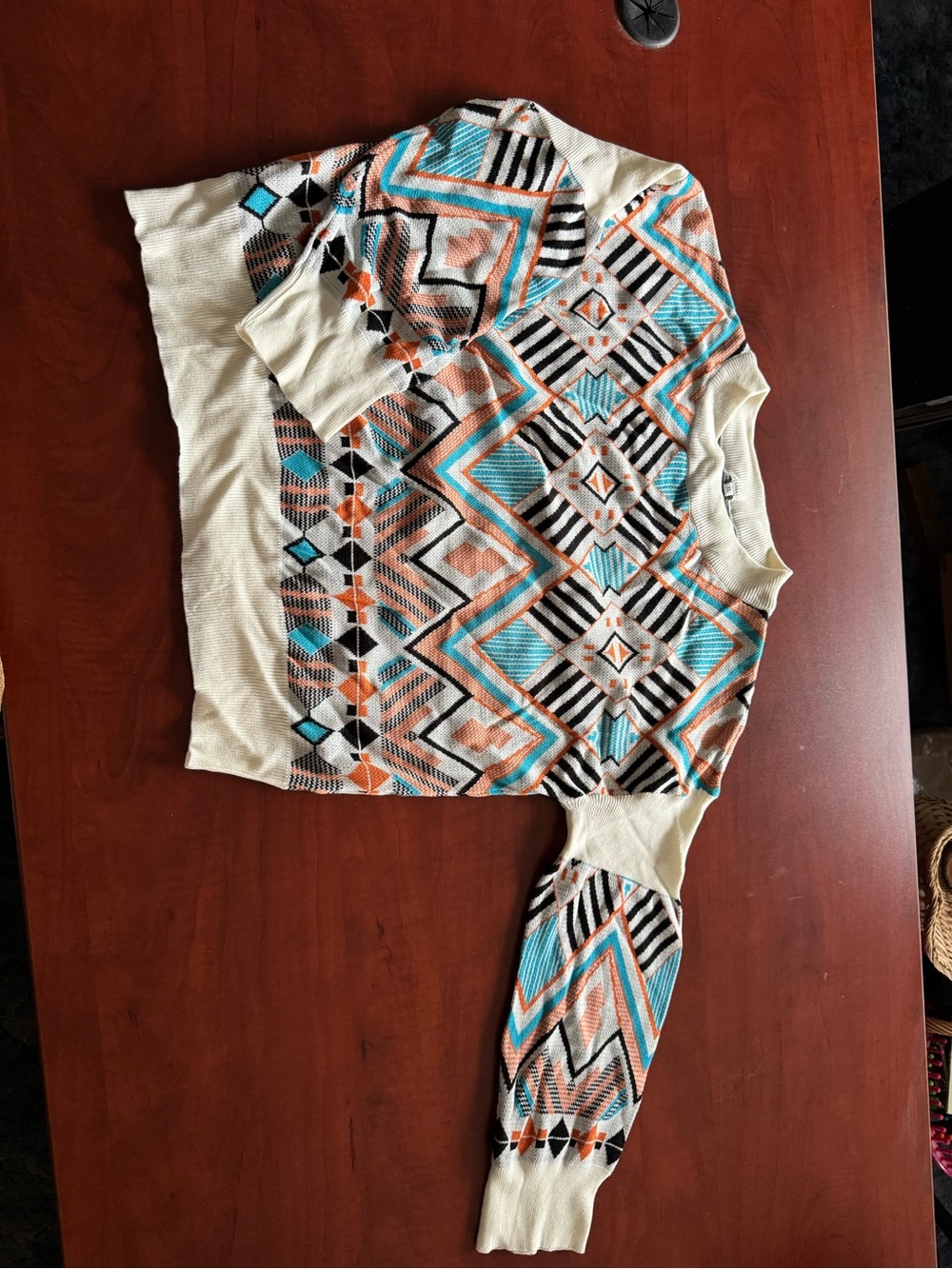 Cream Geometric Crewneck Sweater with Turquoise & Coral Accents